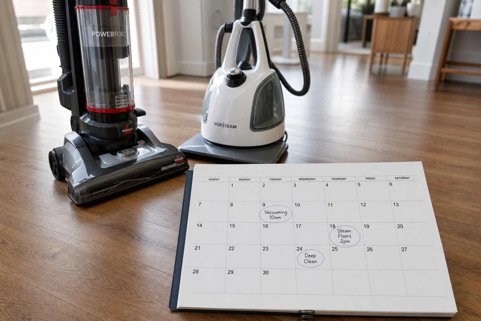 Cleaning schedule calendar with vacuum and steam cleaner