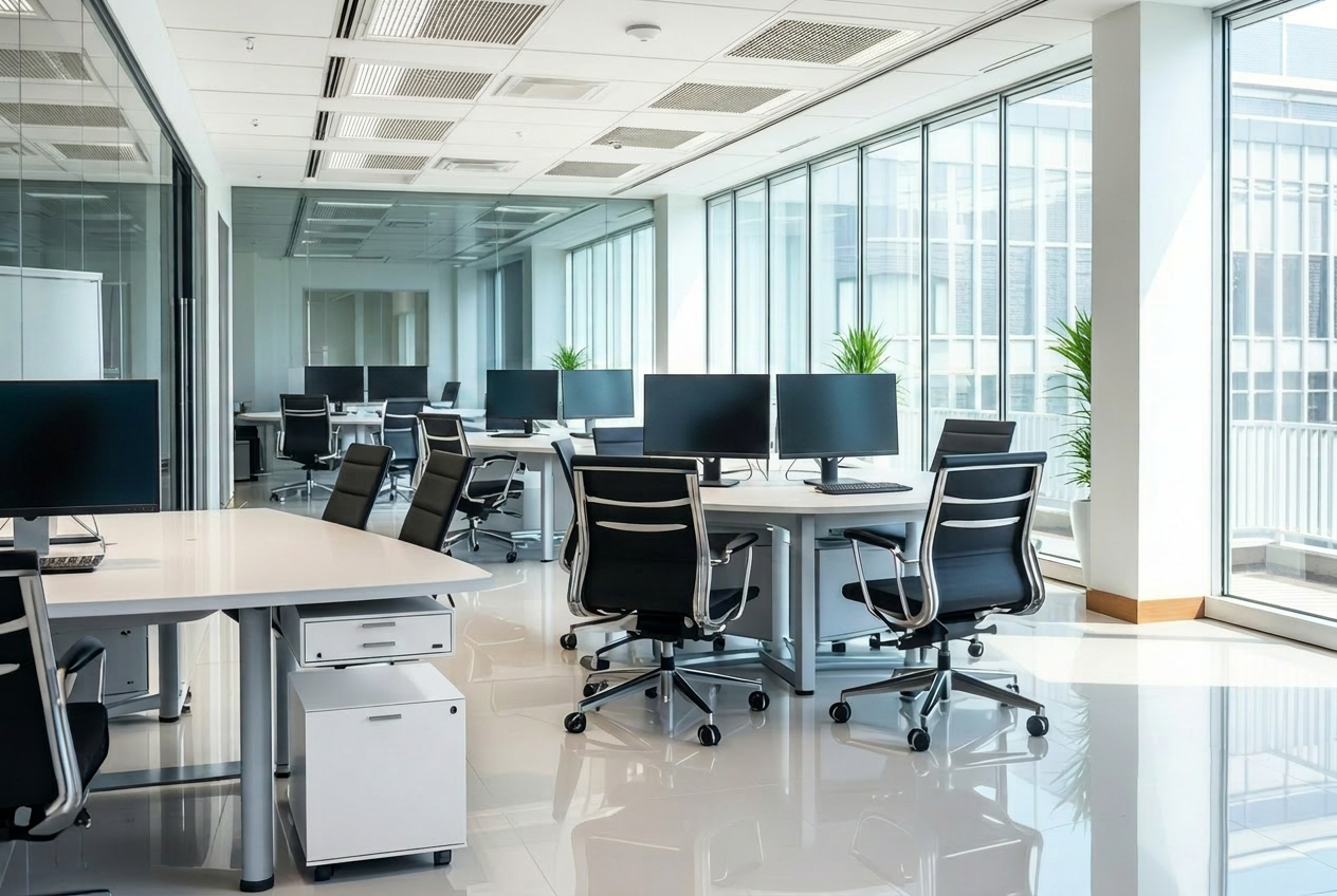 Modern clean office space with desks and chairs